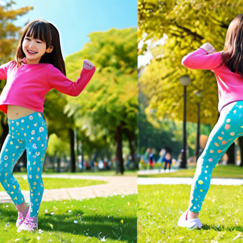 **

A cheerful child playing actively in a park, wearing comfortable and stretchy leggings. Focus on the freedom of movement and the cute design of the leggings. Style: Anime, bright colors, playful.

**