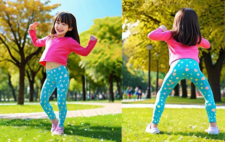 **

A cheerful child playing actively in a park, wearing comfortable and stretchy leggings. Focus on the freedom of movement and the cute design of the leggings. Style: Anime, bright colors, playful.

**