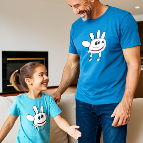 A young child and an adult parent in a brightly lit, modern living room. The child, around 5-7 years old, is wearing a modest t-shirt featuring a classic, family-friendly cartoon character design. The parent is in appropriate casual clothing. They are smiling, looking at the character on the child's shirt, sharing a warm, joyful moment. Natural pose, correct proportions, well-formed hands, proper finger count, natural body proportions. Fully clothed, modest clothing, appropriate attire, professional dress, safe for work, appropriate content, family-friendly. High-quality professional photograph, soft focus background.
