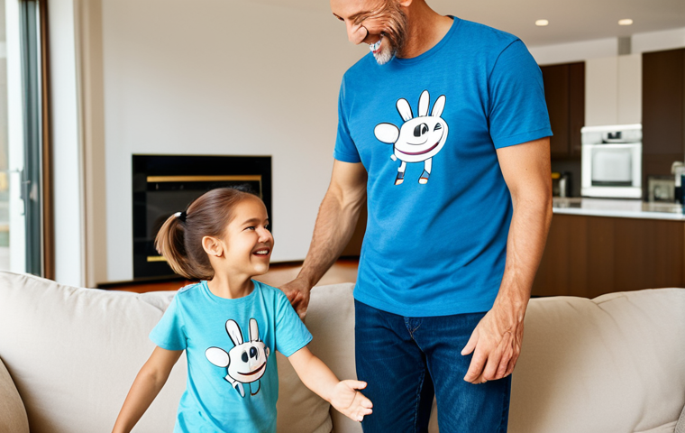 A young child and an adult parent in a brightly lit, modern living room. The child, around 5-7 years old, is wearing a modest t-shirt featuring a classic, family-friendly cartoon character design. The parent is in appropriate casual clothing. They are smiling, looking at the character on the child's shirt, sharing a warm, joyful moment. Natural pose, correct proportions, well-formed hands, proper finger count, natural body proportions. Fully clothed, modest clothing, appropriate attire, professional dress, safe for work, appropriate content, family-friendly. High-quality professional photograph, soft focus background.