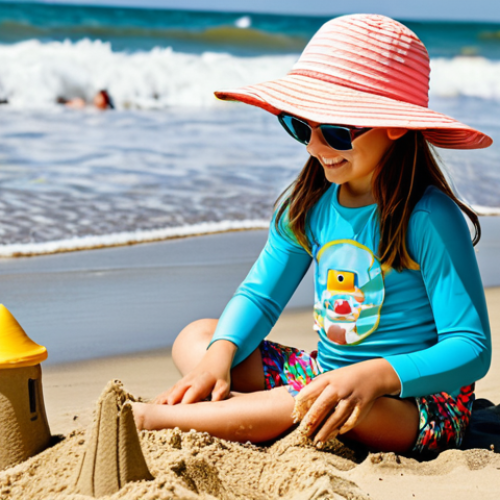 **

"A young girl (age 6-8) building a sandcastle on a sunny beach. She is wearing a fully clothed, long-sleeved rash guard with a colorful, playful print, and modest swim shorts. She also has a wide-brimmed sun hat and child-sized UV protection sunglasses. The background shows gentle waves and other families enjoying the beach. safe for work, appropriate content, perfect anatomy, natural proportions, family-friendly, professional photography, high quality."

**