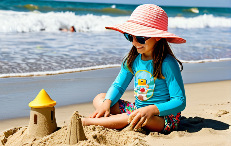 **

"A young girl (age 6-8) building a sandcastle on a sunny beach. She is wearing a fully clothed, long-sleeved rash guard with a colorful, playful print, and modest swim shorts. She also has a wide-brimmed sun hat and child-sized UV protection sunglasses. The background shows gentle waves and other families enjoying the beach. safe for work, appropriate content, perfect anatomy, natural proportions, family-friendly, professional photography, high quality."

**