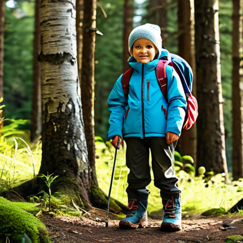 아이 여름 캠핑룩 - Layered Camping Outfit**

"A young child, fully clothed in a layered camping outfit, standing in a s...