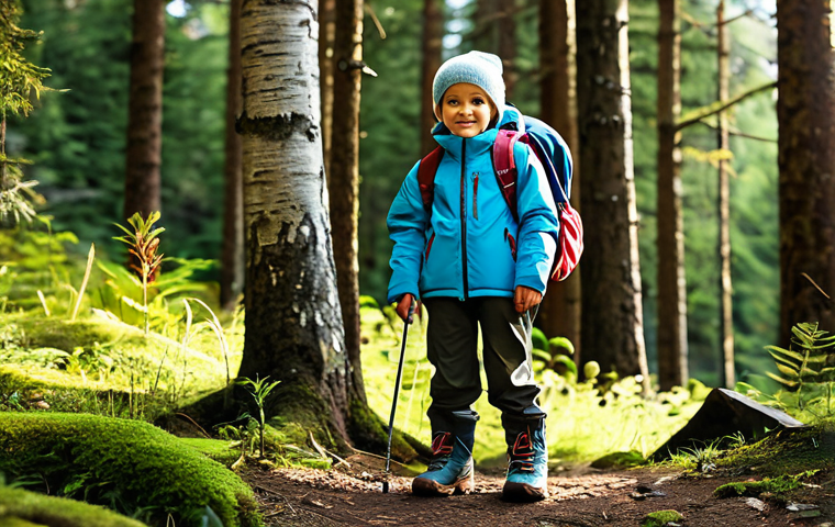 아이 여름 캠핑룩 - Layered Camping Outfit**

"A young child, fully clothed in a layered camping outfit, standing in a s...