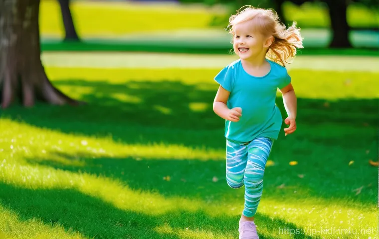 아이들의 여름 레깅스 - **Prompt 1: Active Play in Cooling Leggings**
    A cheerful young child, around 5-7 years old, with...