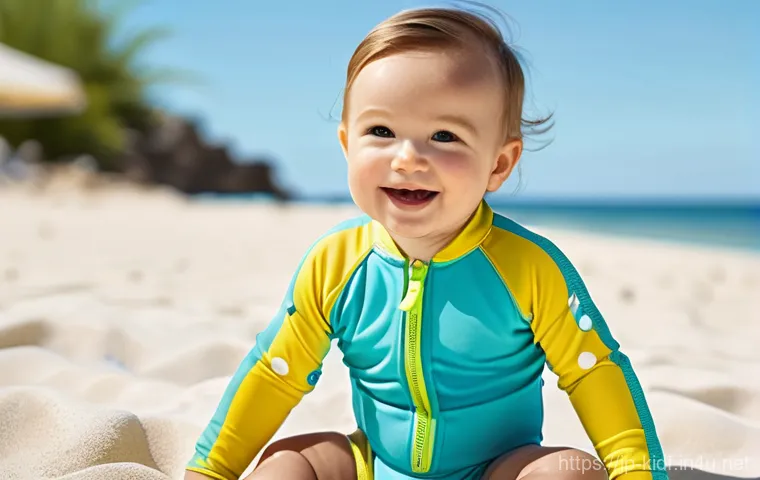 유아용 비치웨어 스타일 - **Prompt 1: UV Protection Rash Guard for Infant**
    A cheerful baby, approximately 9 months old, w...