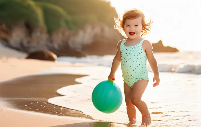 유아용 비치웨어 스타일 - **Prompt 1: UV Protection Rash Guard for Infant**
    A cheerful baby, approximately 9 months old, w...