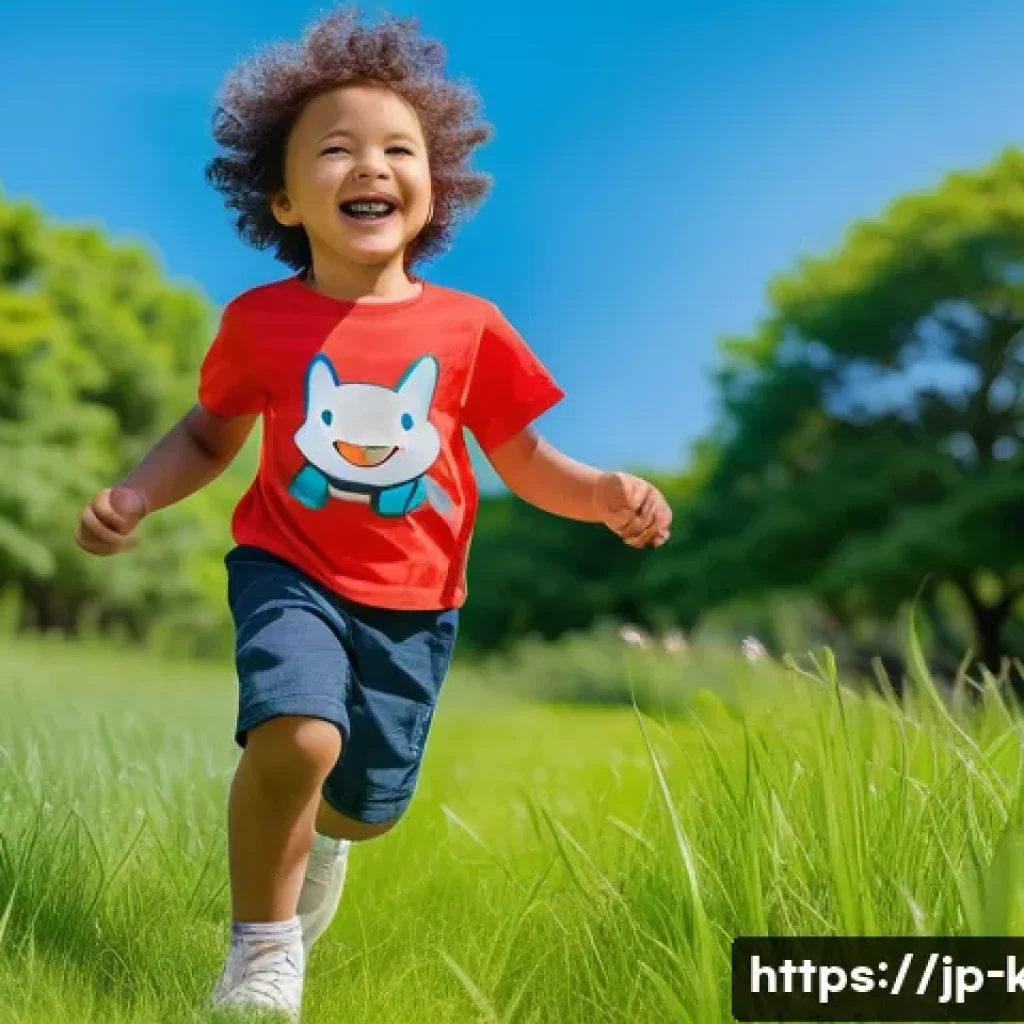 아동용 캐릭터 티셔츠 - A cheerful young child wearing a bright, colorful character T-shirt featuring a popular Japanese ani...