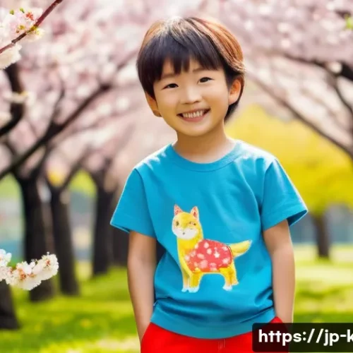 키즈용 티셔츠 추천 - A cheerful Japanese child wearing a colorful organic cotton T-shirt with bright red, blue, and yello...