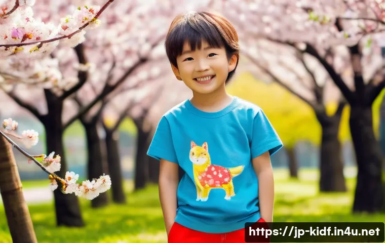키즈용 티셔츠 추천 - A cheerful Japanese child wearing a colorful organic cotton T-shirt with bright red, blue, and yello...