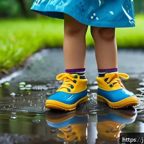 아동용 방수 신발 리뷰 - A vibrant scene featuring a cheerful Japanese child wearing colorful waterproof shoes made of synthe...