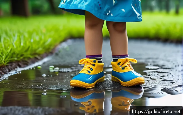 아동용 방수 신발 리뷰 - A vibrant scene featuring a cheerful Japanese child wearing colorful waterproof shoes made of synthe...