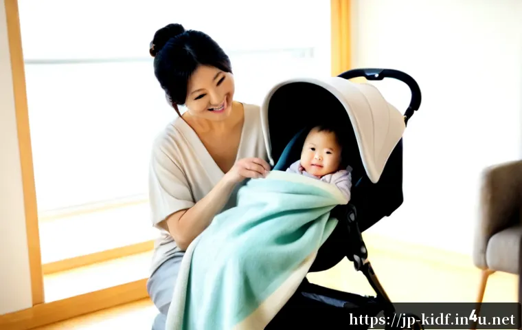 유아용 담요 패션 활용 - Photorealistic lifestyle scene of a smiling Japanese mother in a bright modern apartment, using a so...