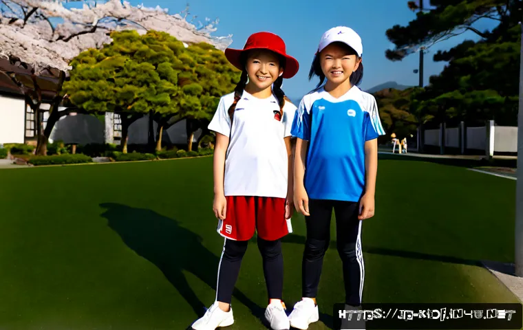 아동용 스포츠웨어 추천 - Photorealistic children’s sportswear comparison scene, three elementary-school-aged children wearing...